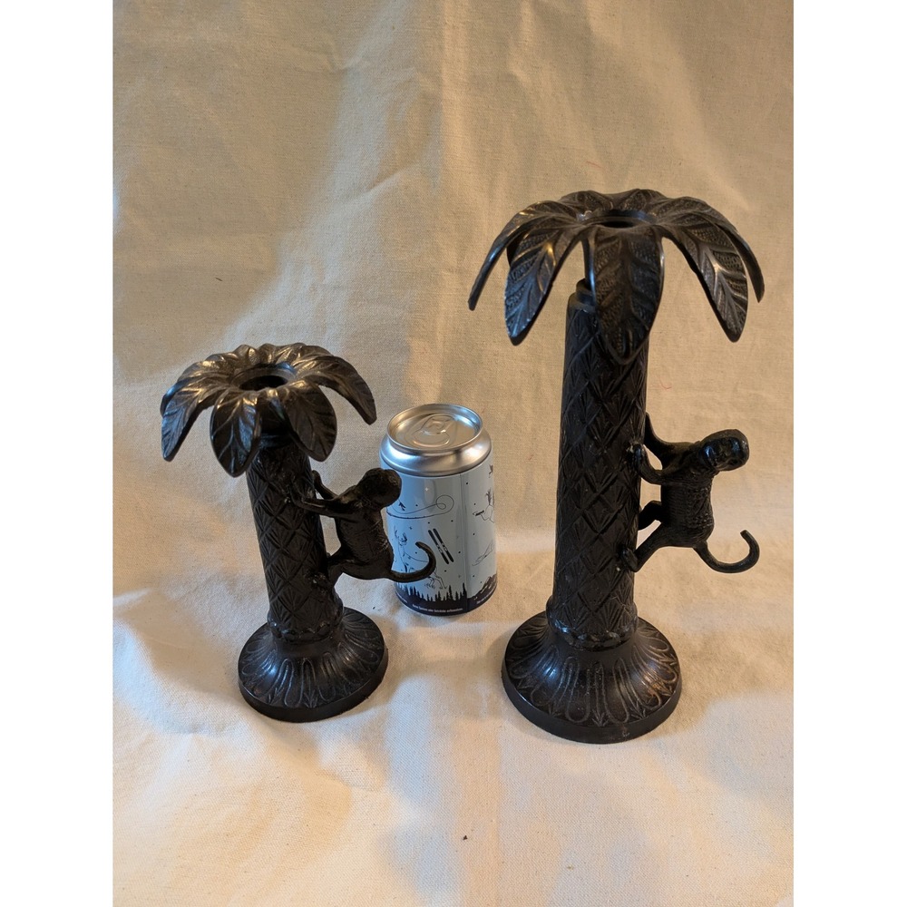 Set of 2 Bombay Company Monkey Palm Tree Candlestick Holders Bronze Black Metal